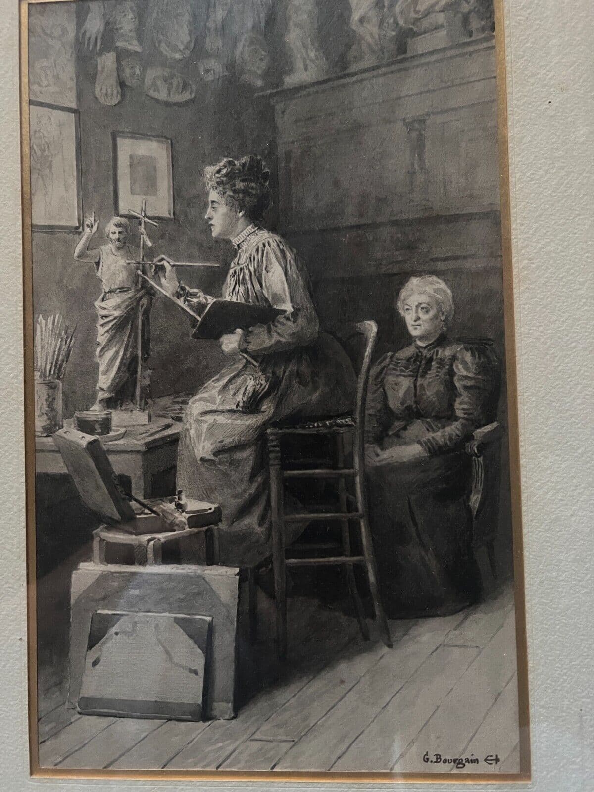Antique Original Drawing Gustave BOURGAIN (1856-1918) Artist, Woman, Sculpture image 3
