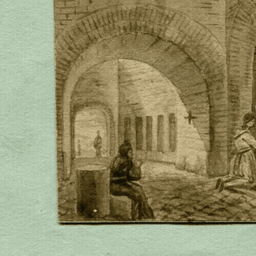 Antique Ink Drawing Religious 19th - Old Masters - Figures Praying in a Church image 3