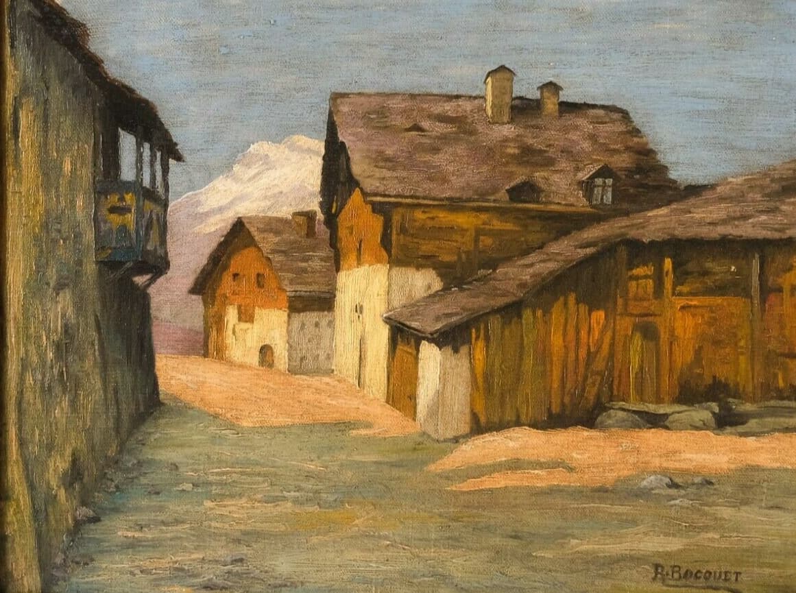 Painting signed BOCQUET Mountain Chalet Landscape image 1