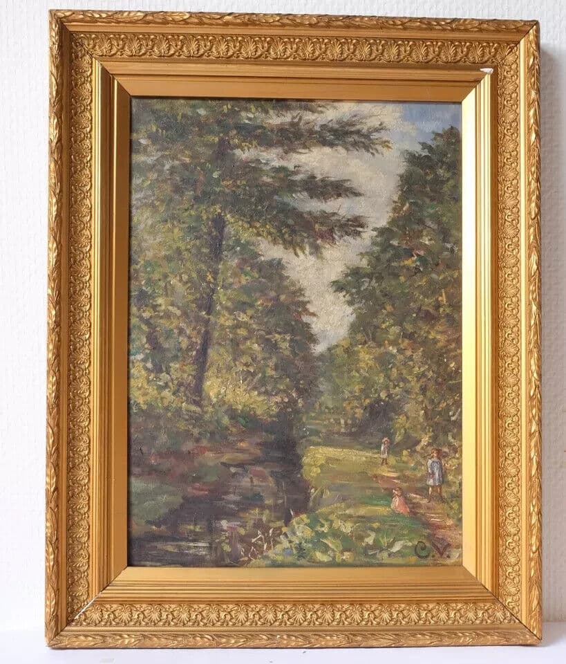 Antique Painting Original Landscape Forest and Children Playing signed image 2