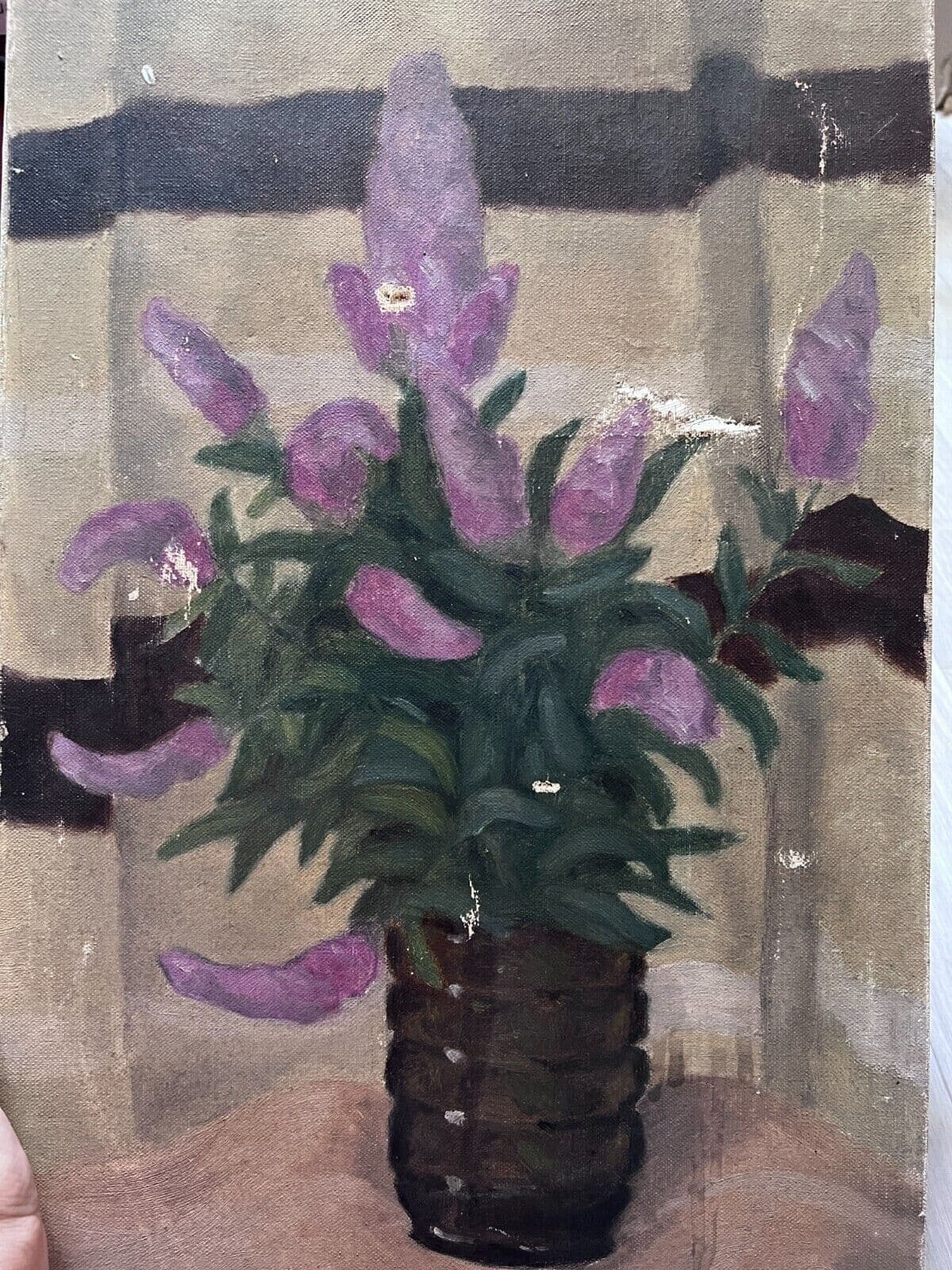 Antique Original Painting Purple Flowers Bouquet signed 1938 Floral