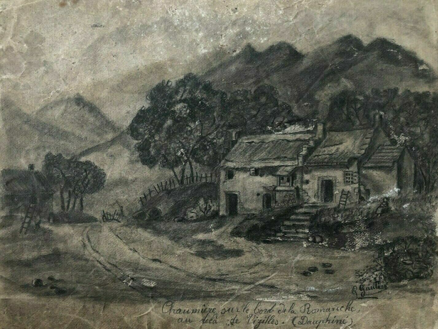 Antique Charcoal Drawing signed Gautier Thatched Cottage, Romanche, Vizilles image 1