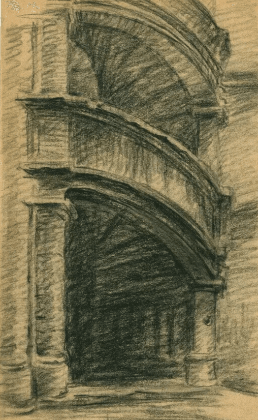 Vintage Pencil Drawing signed Architecture Staircase Fontainebleau Landscape image 1