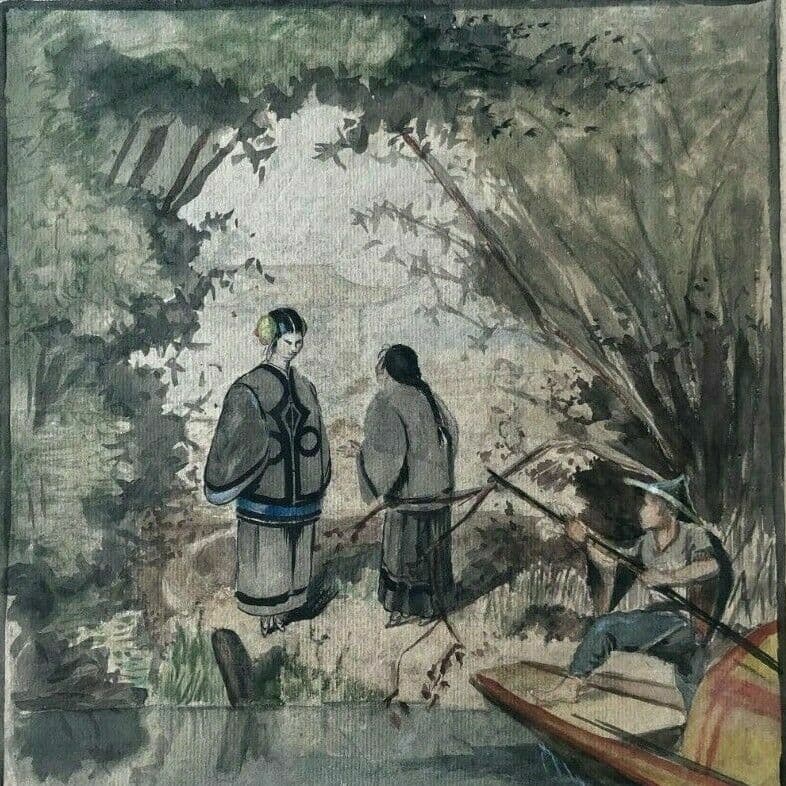Asian Drawing Figures Japan, Fisherman, Woman 19th century