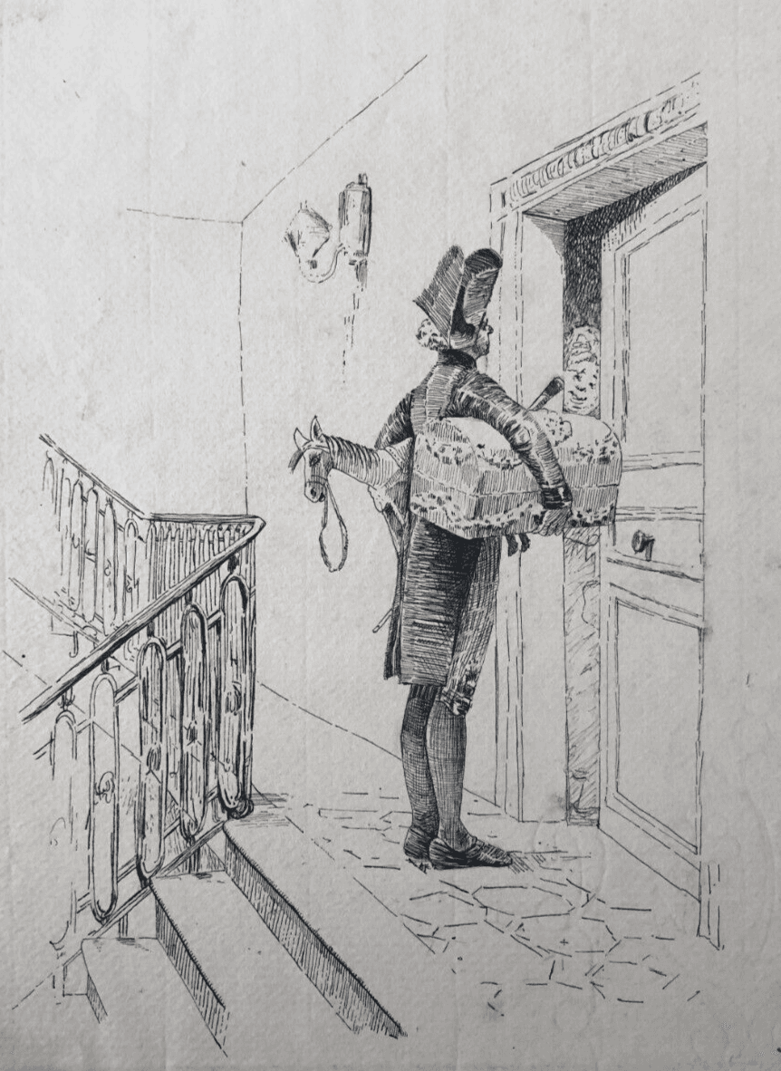 Antique Old Ink Drawing Illustration Original Toy Vendor, Figure, Horse