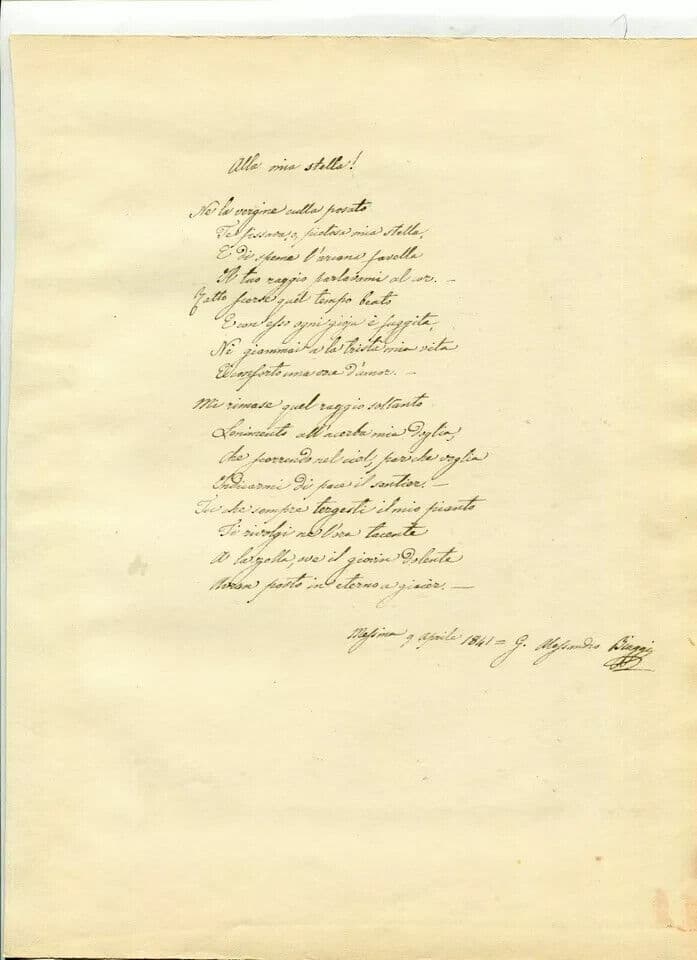 Antique Love Poem Document Girolamo Alessandro Biaggi (1819-1897) Composer image 2