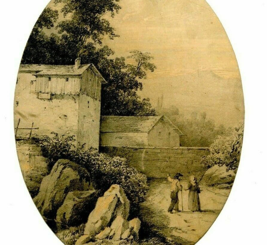 Drawing 19th century Landscape, Peasant, House image 1