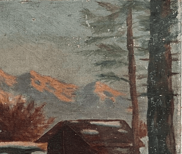 Antique Original Painting Chalet Winter Mountain Landscape, Snow, Pine Tree image 5