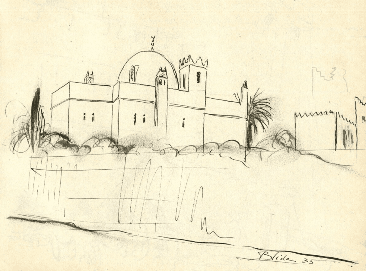 Vintage Ink Original Drawing Landscape, Blida, Cityview, Mosque c. 1935 image 1