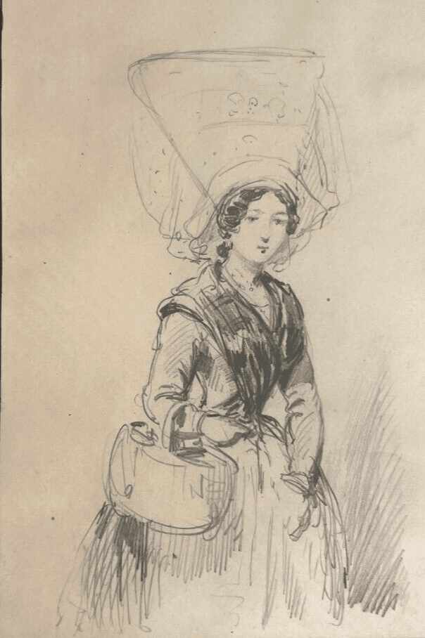 Antique Drawing Original Woman Portrait, Hat, Bag 19th century