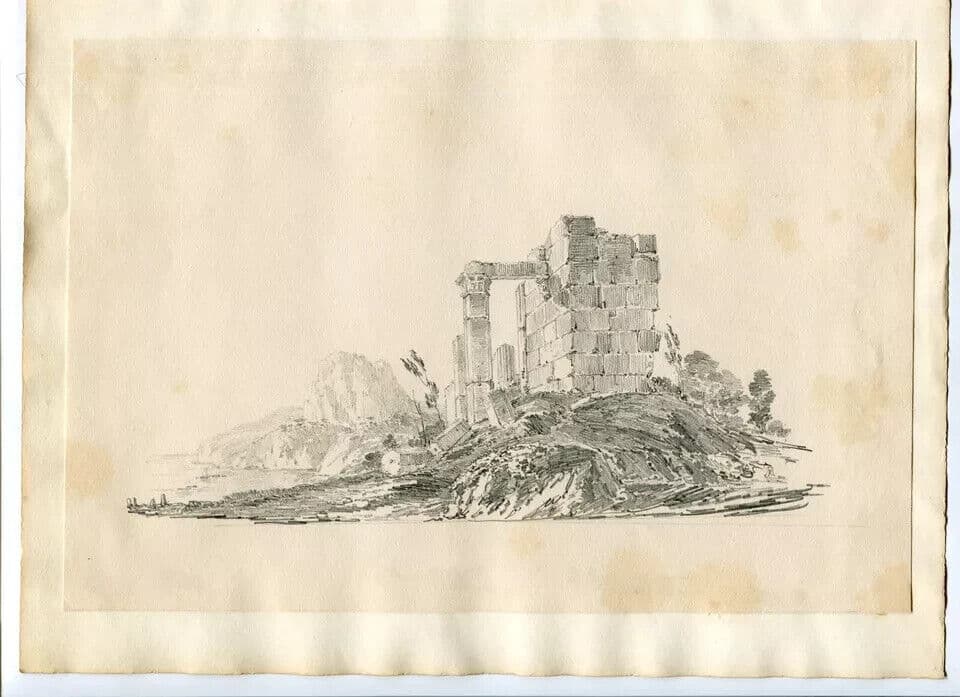 Antique Pencil Drawing Original 19th century Ruins Castle Landscape image 6