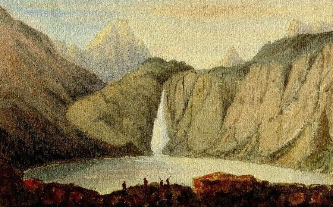 Antique Original Drawing signed A.Collomb Landscape Lake Oo Pyrénées image 1