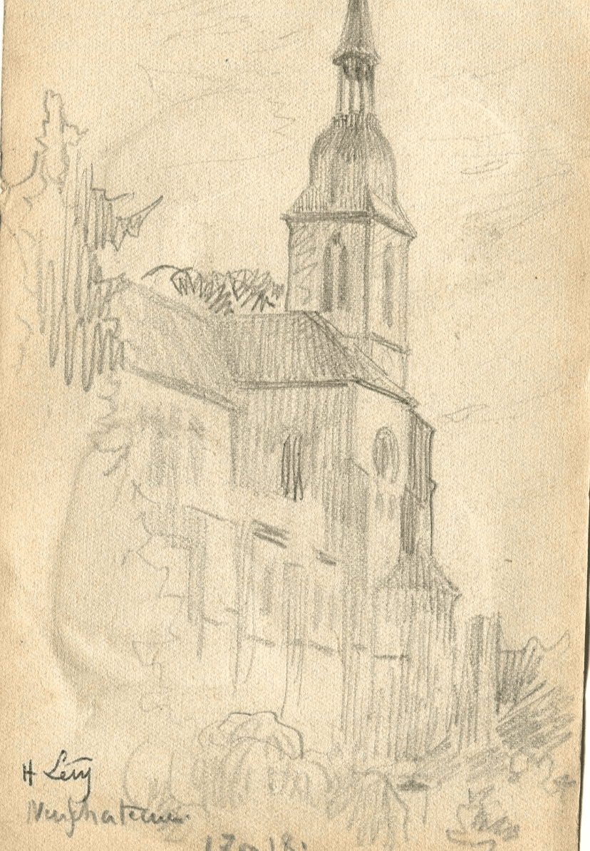 Vintage Pencil Original Drawing signed Village Art Nouveau Artwork image 1