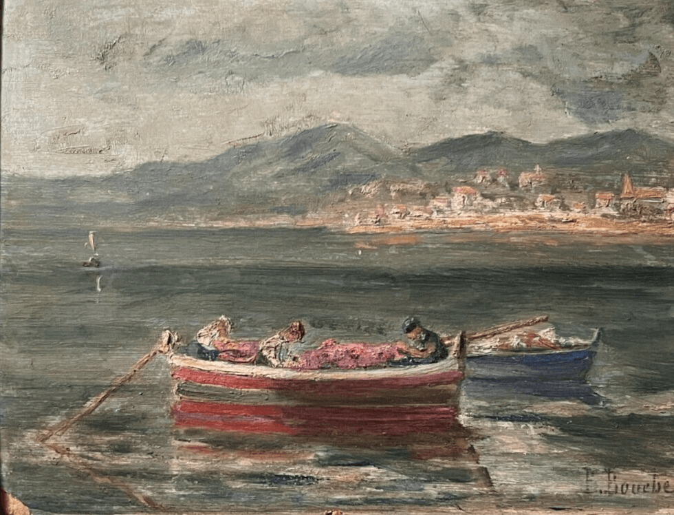 Antique Original Painting signed Eugene BOUCHE Seaview, Boat, People