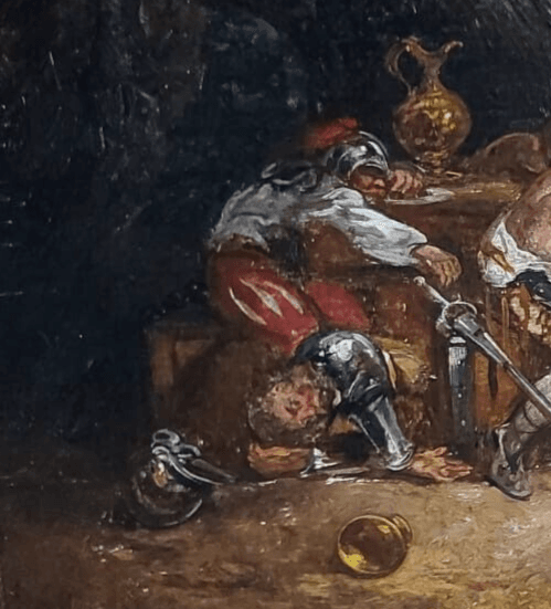 Antique Original Painting Old 19th Century Buffet Scene with Figures Drinking image 4