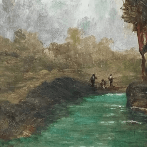Antique Oil Painting Original Landscape, People on a Bridge Framed image 3