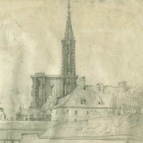 Antique Pencil Drawing 19th century Cityscape Landscape image 3