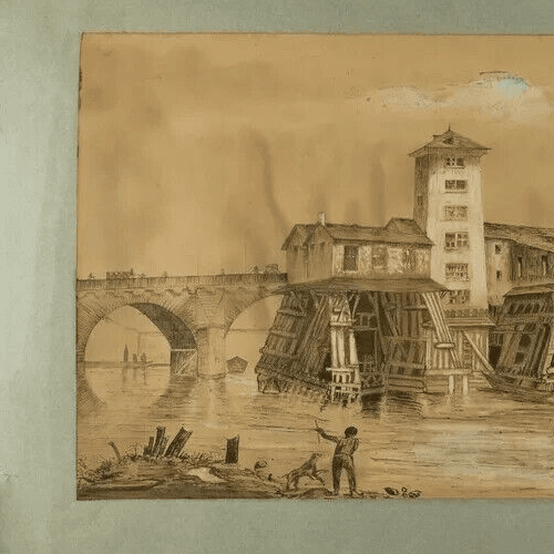 Antique Ink Drawing Original 18th century Jan DE BEYER (1703-1785) Bridge People image 3