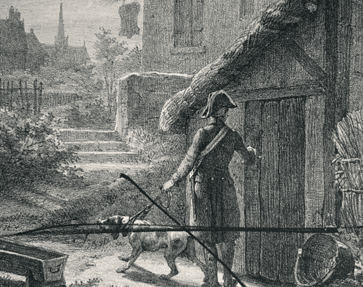 Antique Etching Original Man, Military, Dog, Landscape, House, Epreuve Refused image 1