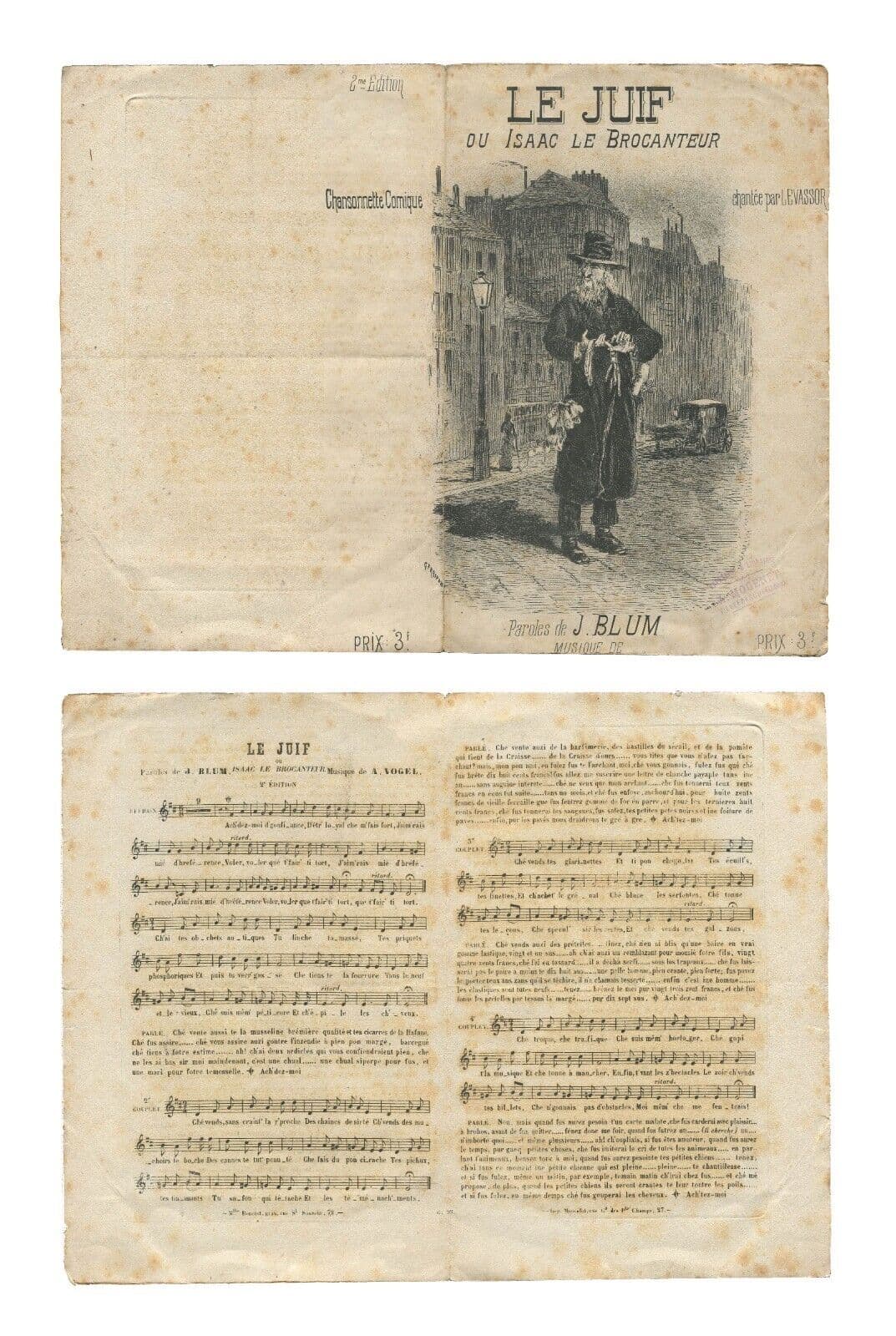 Antique Sheet music Le Juif ou Isaac le Brocanteur J. Blum by Adolphe Vogel image 1
