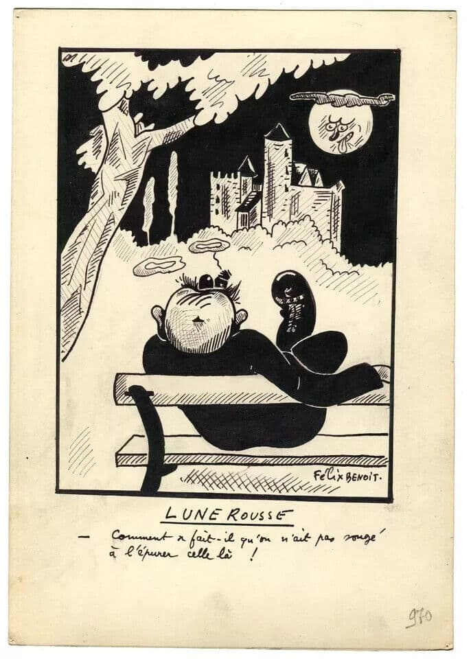 Antique Ink Drawing Original Signed Man, Character, Genre Scene Caricature, Moon image 6