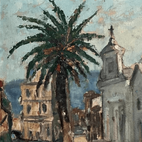 Antique Oil Painting Maritime Landscape , Cityview, Building, Church, Tree image 3