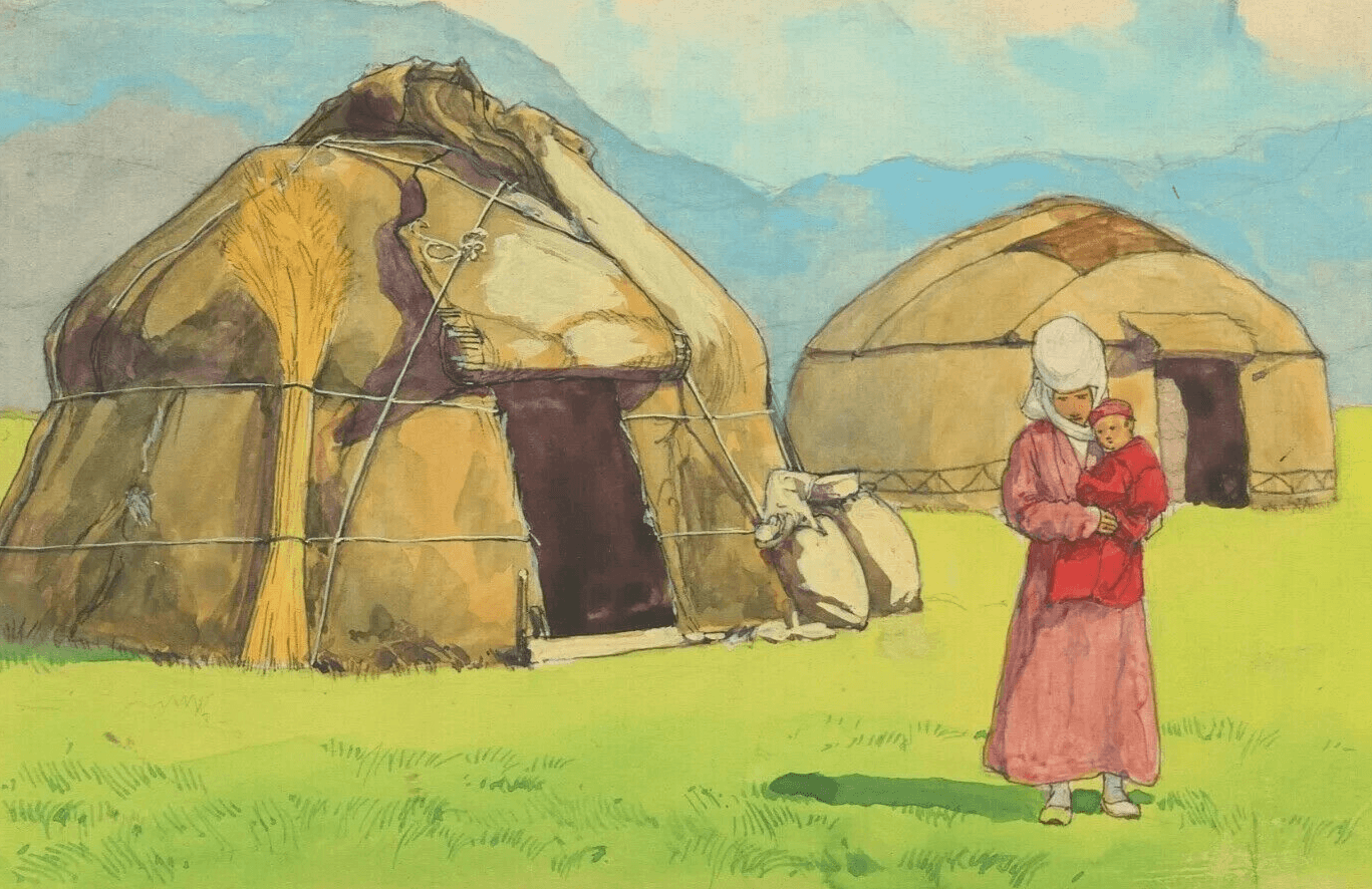 Antique Original Drawing Gouache, Illustration, Tents Kyrgyz image 1