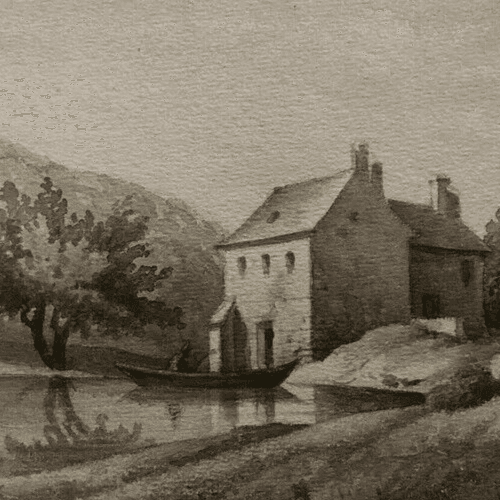 Antique Ink Drawing House Landscape, Boat  and Figures 1862 image 3