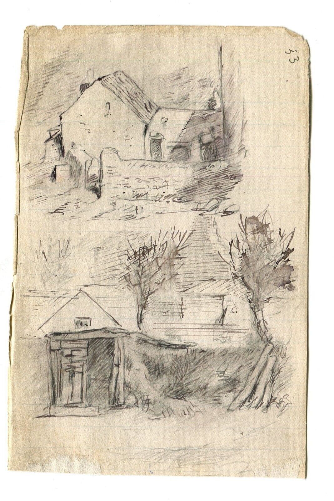 Antique Ink Drawing Original Sketch of a Farm and House image 6