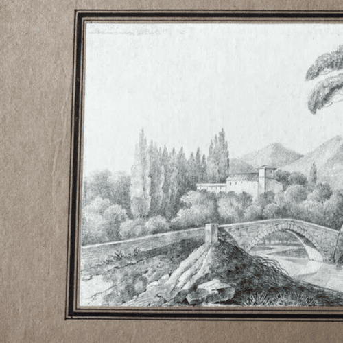 19th century Original Antique Pencil Drawing Landscape Village and Trees image 2
