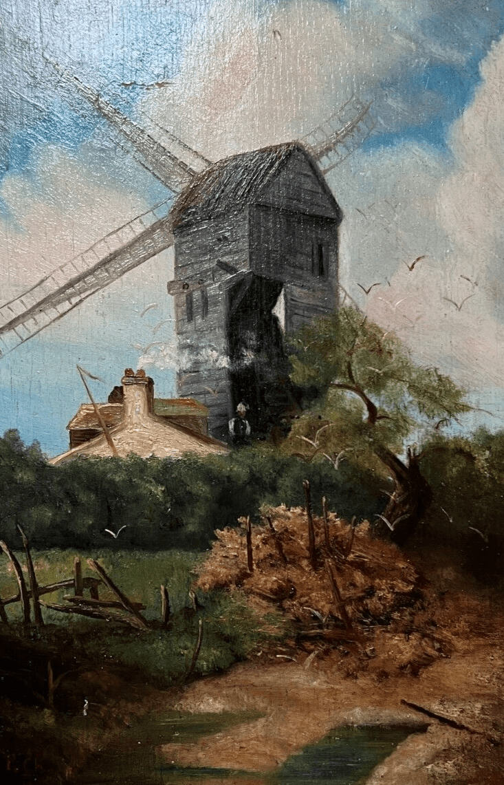 Antique Painting Original Landscape, Mills, House, People, Trees signed image 1