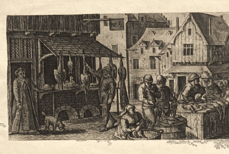 Antique Etching Original 17th century People, Market, Cityview image 4