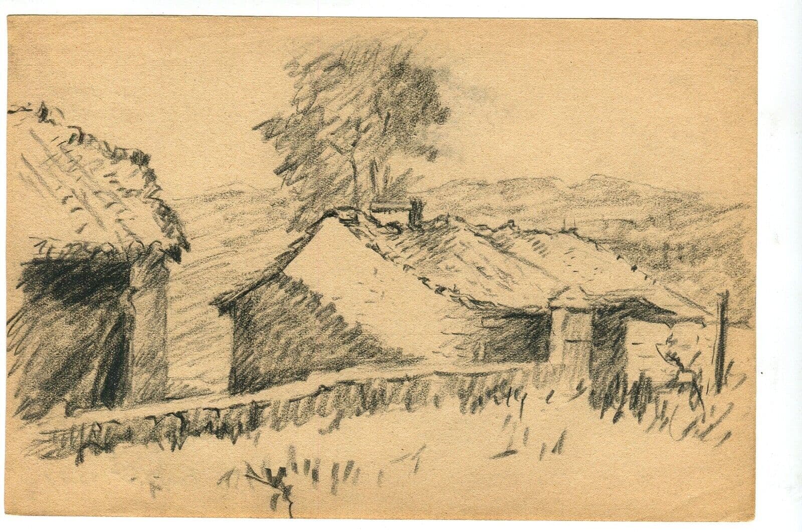Vintage Pencil Original Drawing House and Tree, Landscape image 6