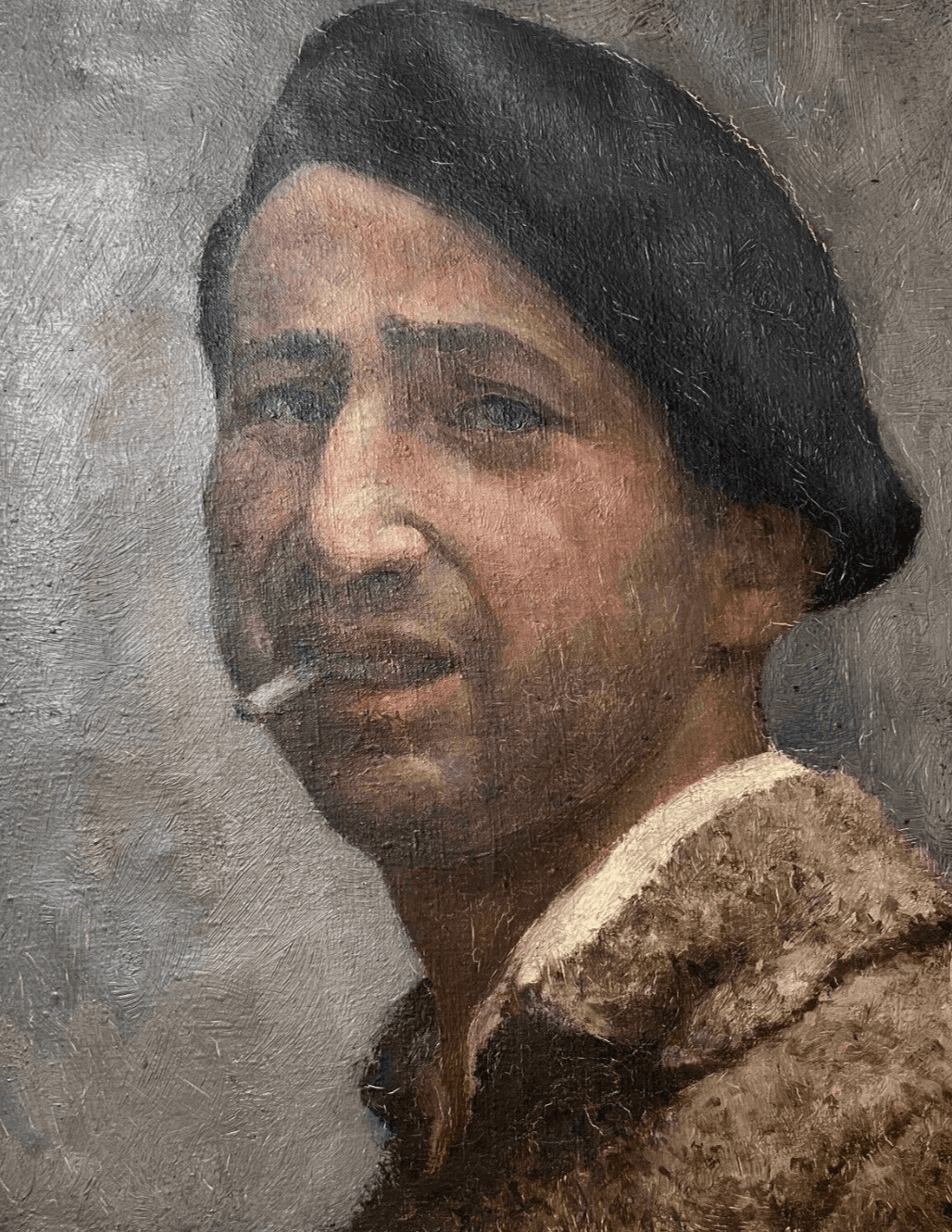 Antique Oil Painting Original Man, Portrait, Smocking, Spanish, Hat image 1