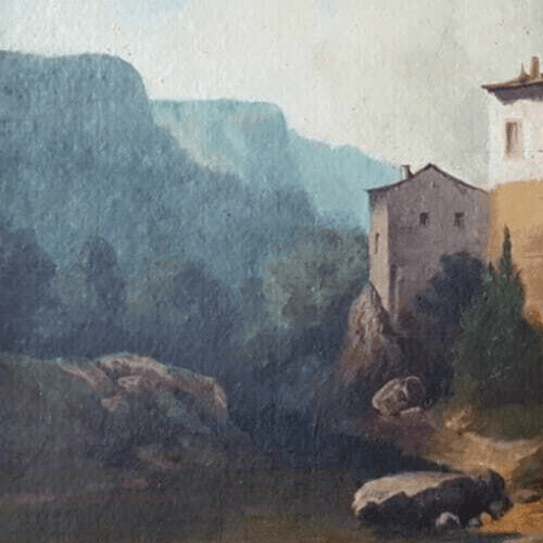 Antique Painting Oil Original 19th Century Fortified Hamlet Village Landscape image 2