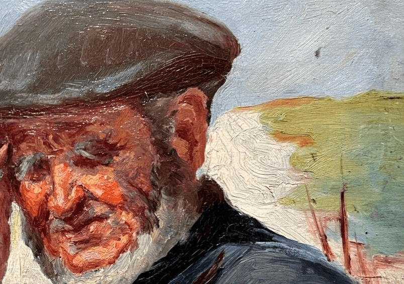 Antique Original Painting  signed Man Portrait, Fisherman, Landscape image 3