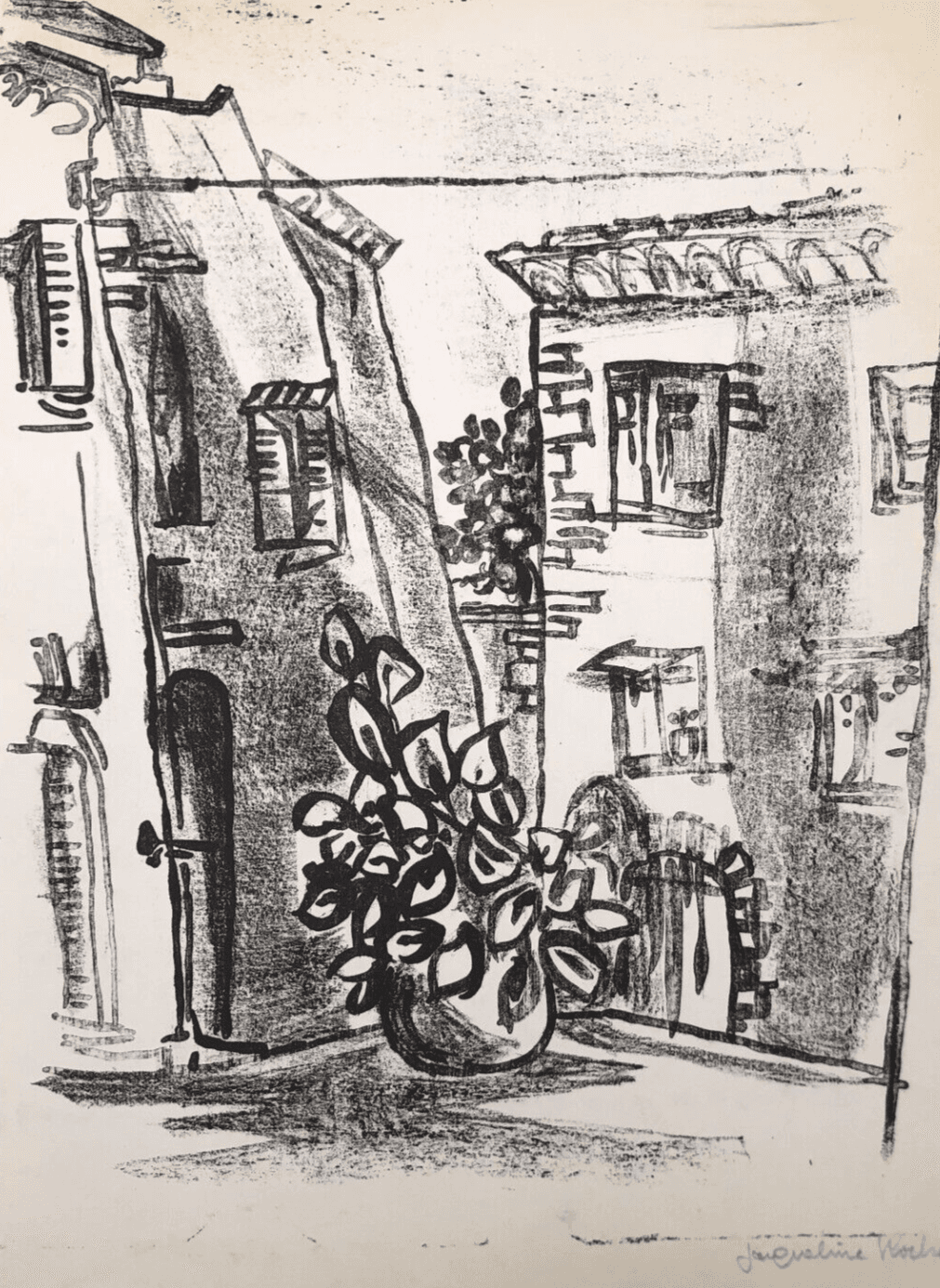 Antique Etching Original Landscape, House, Cityview, Flowers, Building image 1