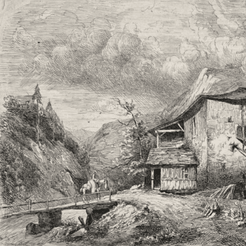 Antique Etching Original Landscape, Forges d'Allevard Dauphine, House, People image 2