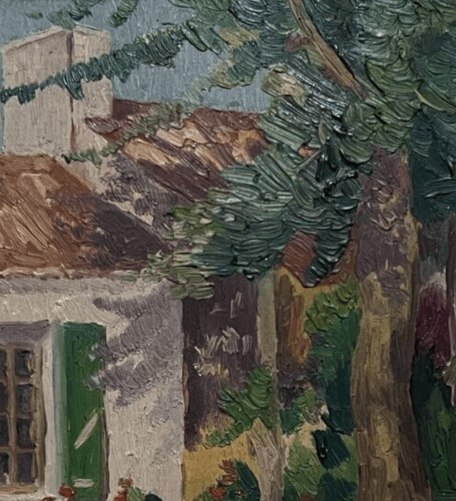 Antique Original Painting signed House, Tree, Architecture, Flowers Framed image 3