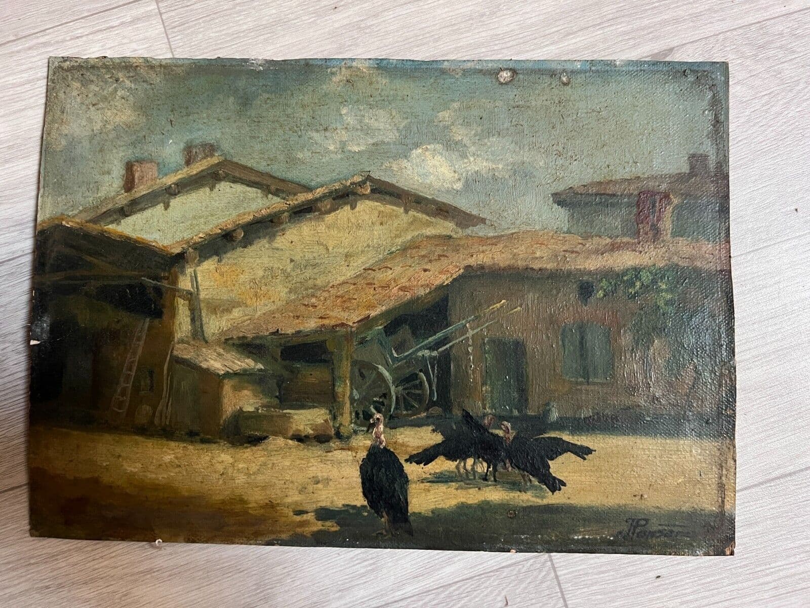 Antique Painting Original 19th Farm Farm House Birds Landscape image 6