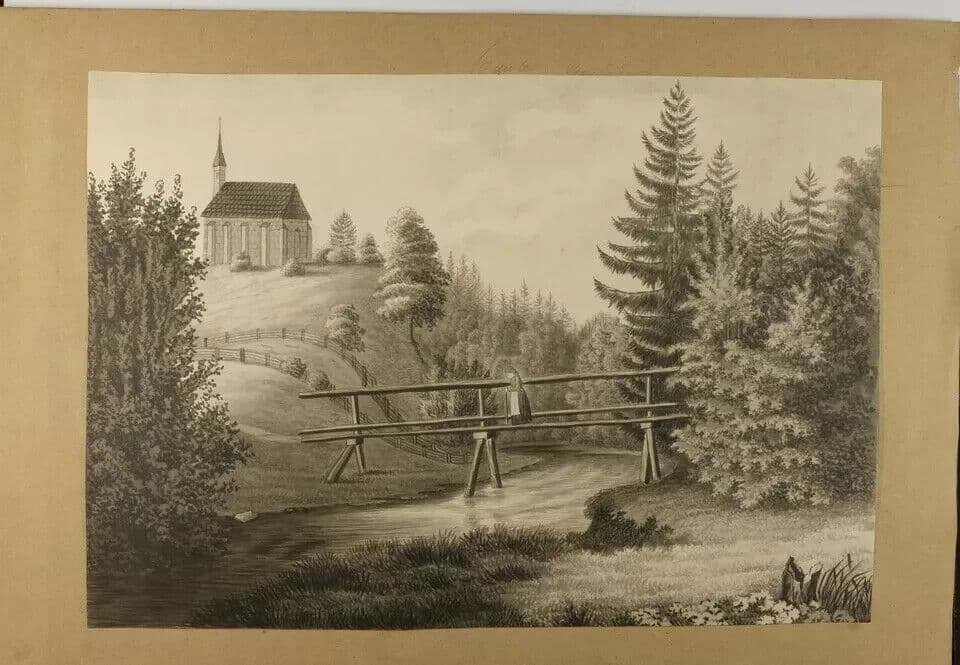 Antique Ink Drawing Original 19th century Woman on a Bridge by a Forest image 3