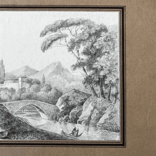 19th century Original Antique Pencil Drawing Landscape Village and Trees image 3