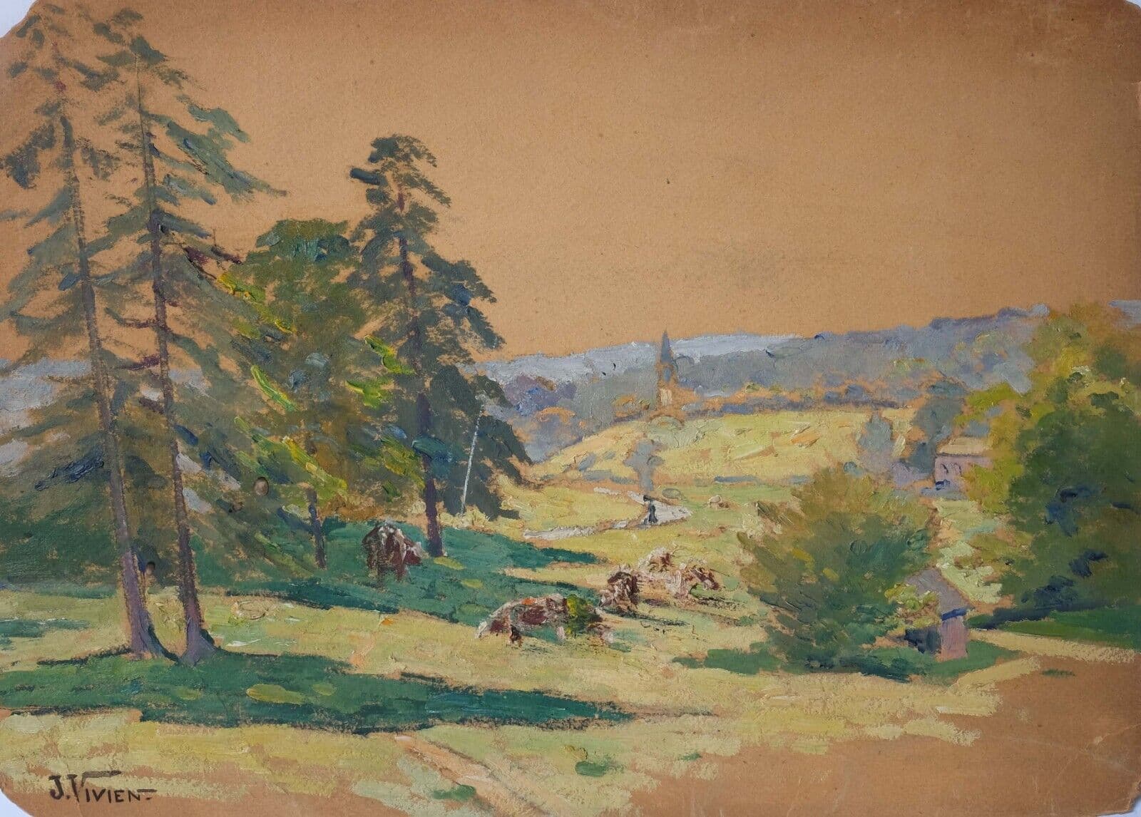 Antique Original Painting Landscape, Trees, Forest, Town, Nature signed image 1