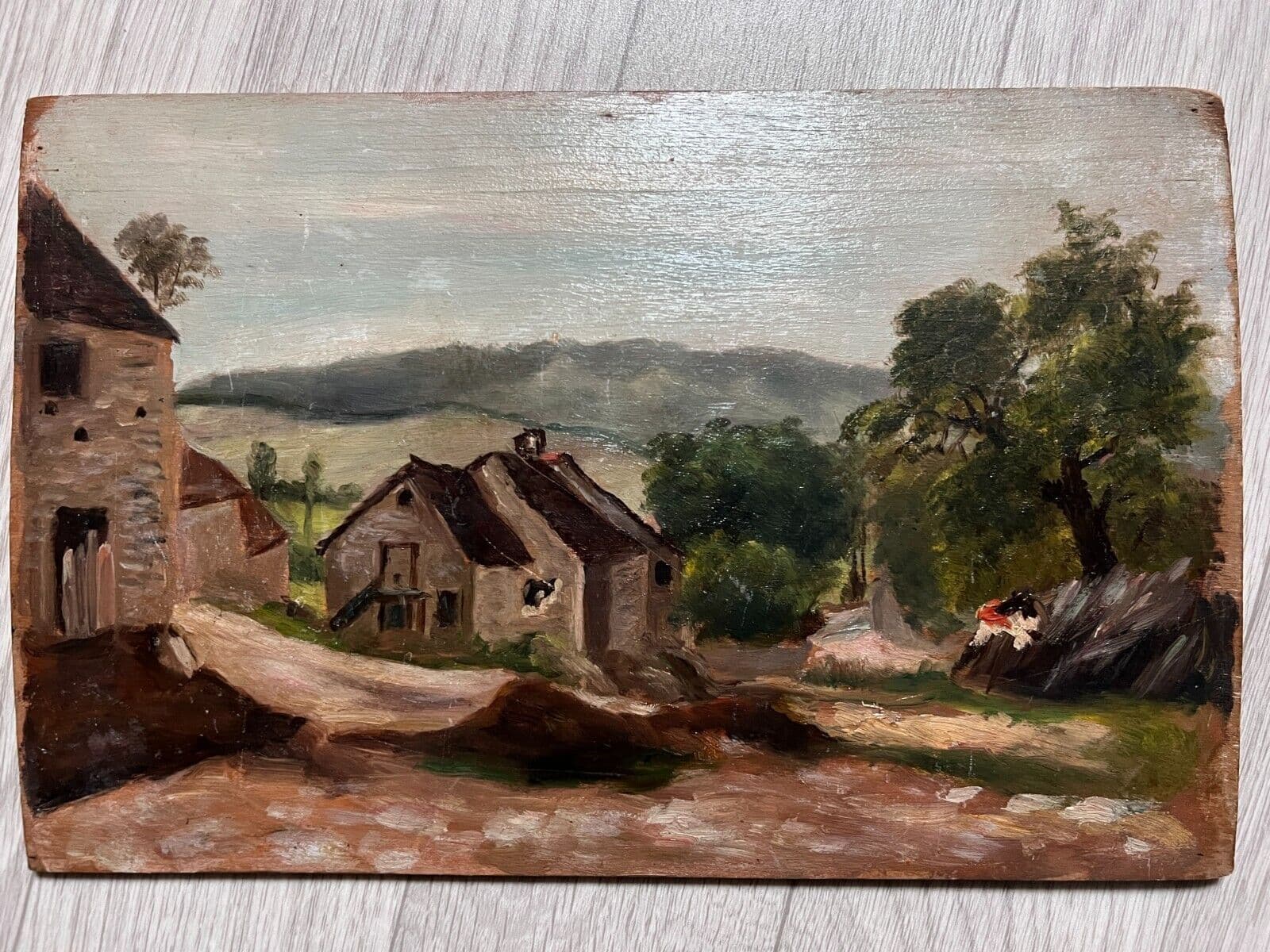 Antique Original Painting Landscape, Optevoz, Houses, People 19th century image 5