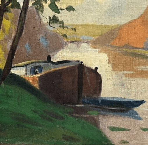 Vintage Oil Painting Maritime Landscape, Seaview, Boat, Tree signed image 3