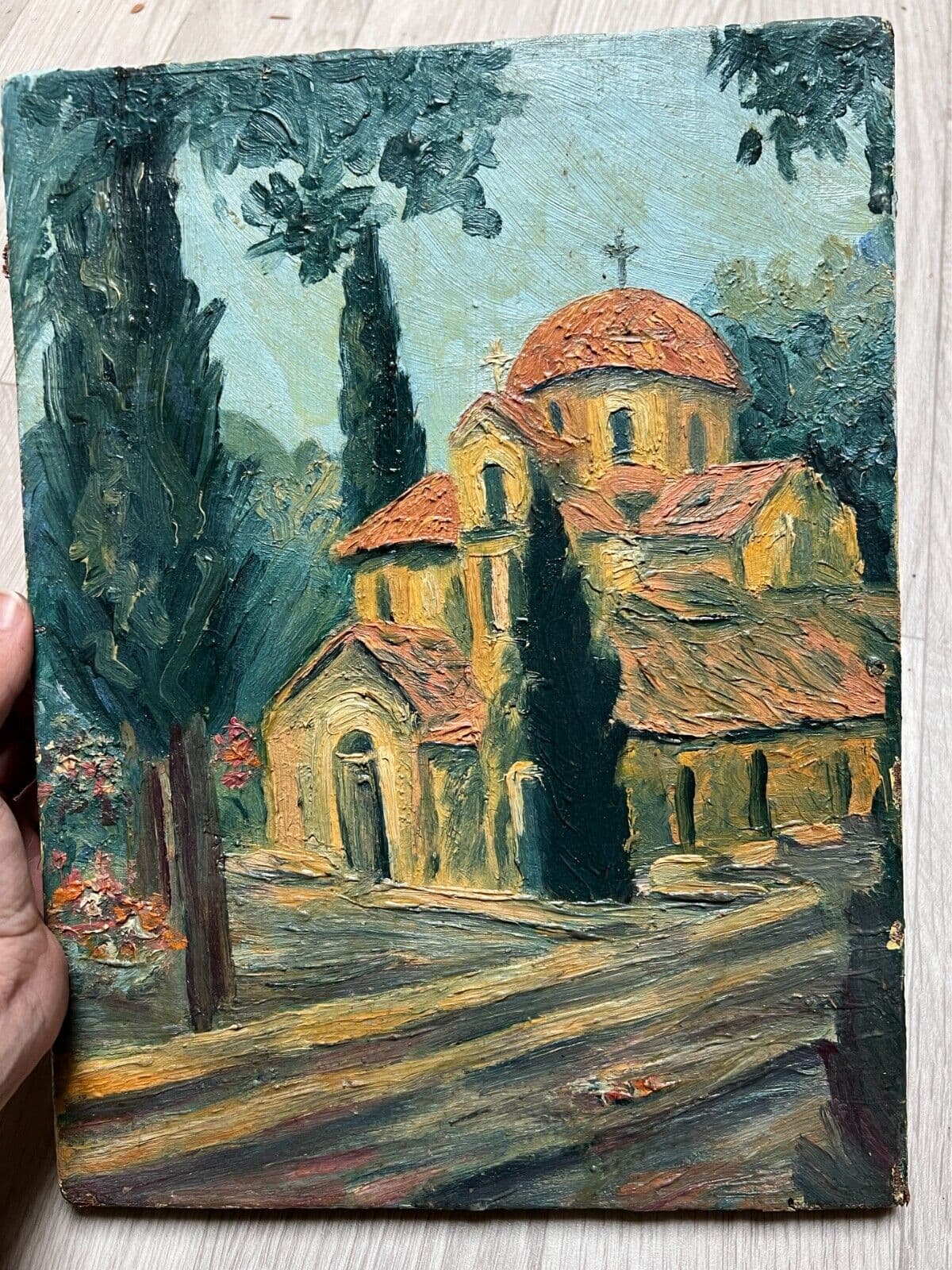 Antique Painting Original Landscape, Church, Byzantine Orthodox Architecture image 2