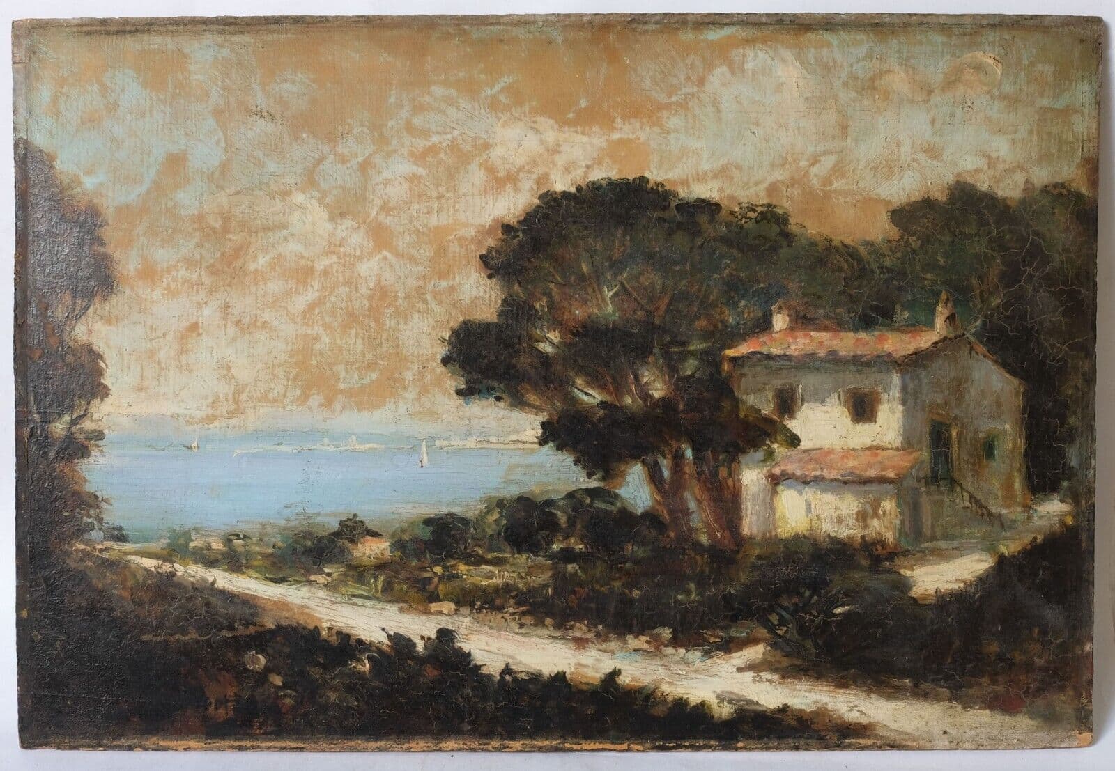 Antique Oil Old Original Painting Signed Landscape by the Sea Artwork image 3