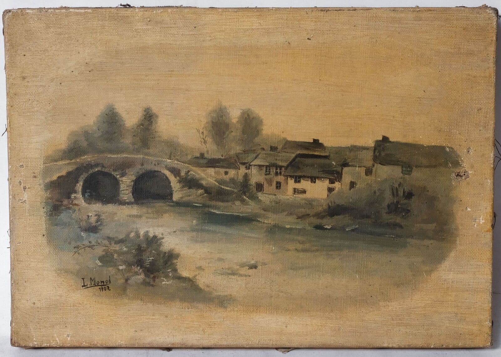 Antique Oil Painting Signed MONOD (1867-1957) Landscape, Bridge, Village image 5
