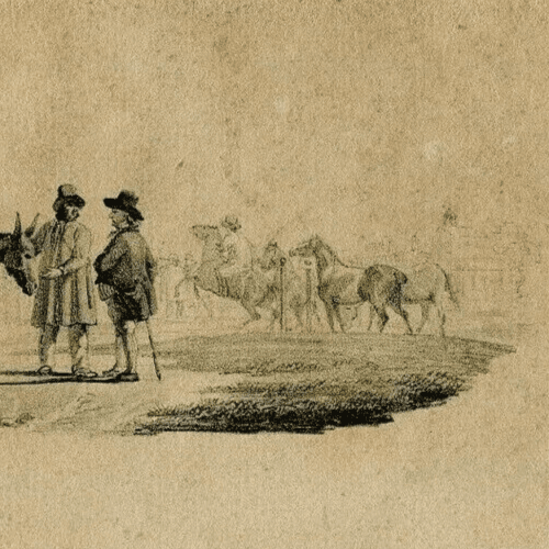 Antique Pencil Drawing 19th century of Horses and People image 3