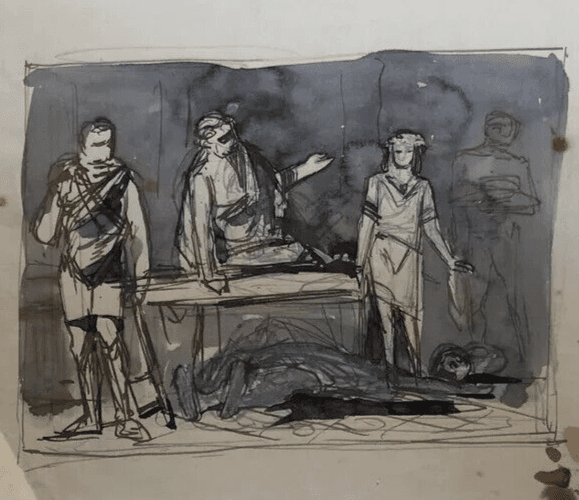 Vintage Original Drawing Man on a Bed, People, Death image 5